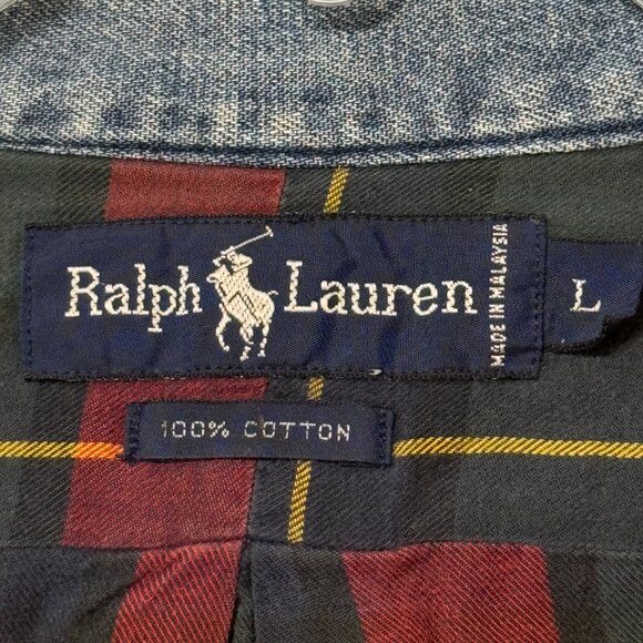 Rare Vintage 90s Polo Ralph Lauren Men's Plaid Flannel Lined Denim Shirt size L - Picture 4 of 10